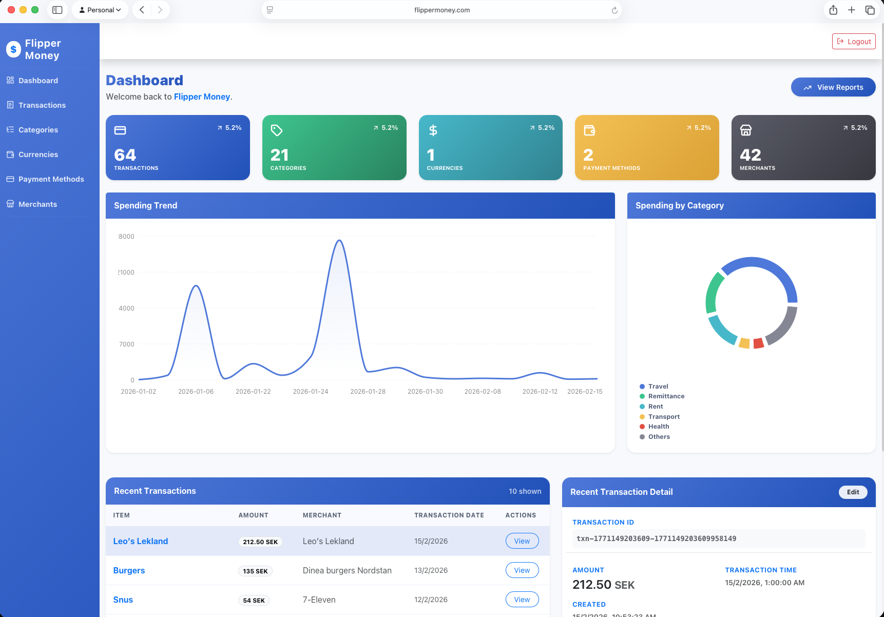 Flipper dashboard running in a desktop browser, showing account balances, recent transactions, and spending charts